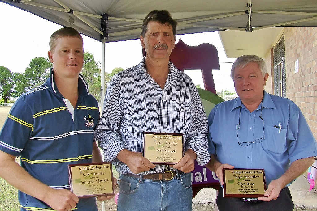 Foundation committee members Cameron Masters, Neil Masters and Glyn Rees were presented with life memberships of the Allora Cricket Club.